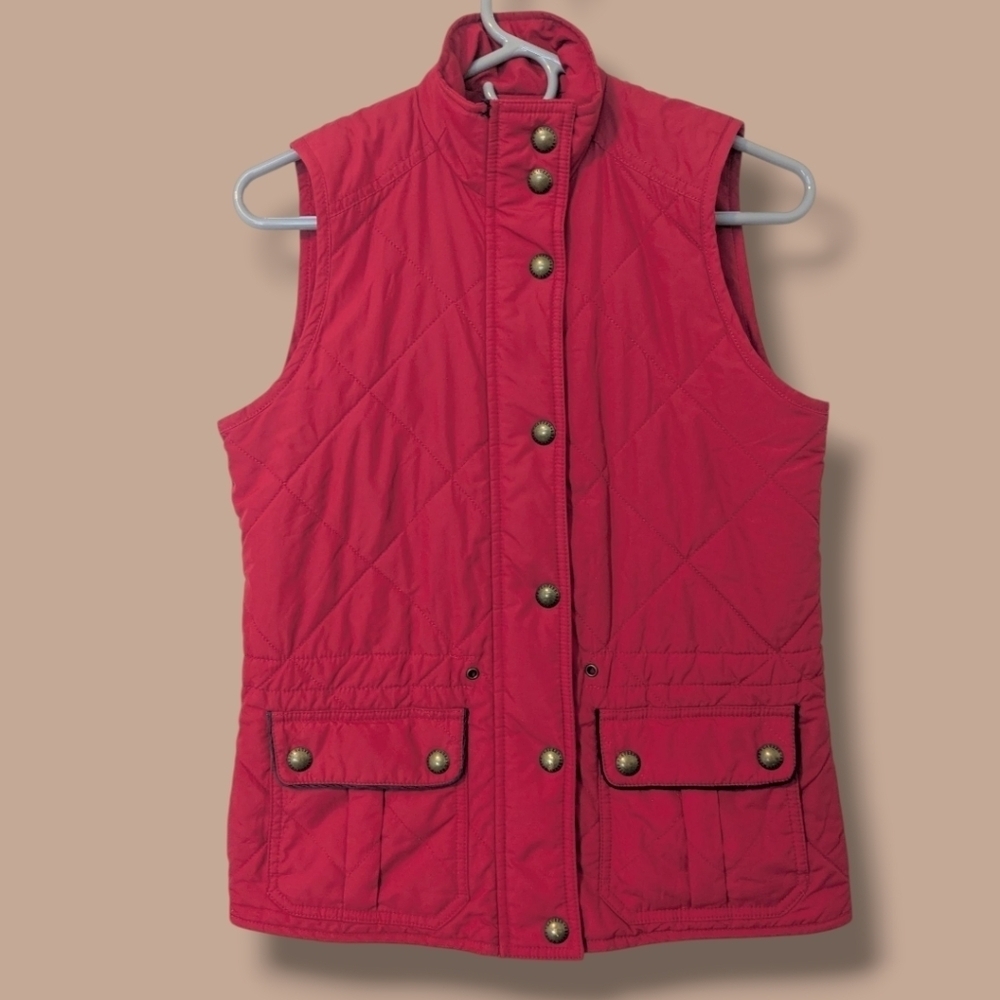 Ralph Lauren Petite Red Quilted High Neck Button-Up Zip Adjustable Waist Vest SM
